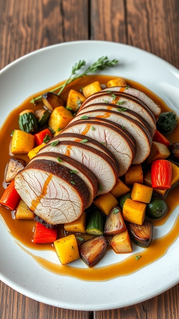 Sliced duck breast with roasted vegetables and honey-balsamic glaze, garnished with herbs on a wooden table.